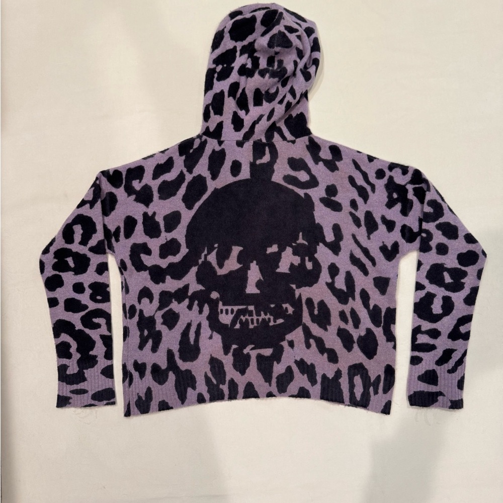 Skull Cashmere Purple and Black Leopard 100% Cashmere Skull Print Sweater - Picture 6 of 14